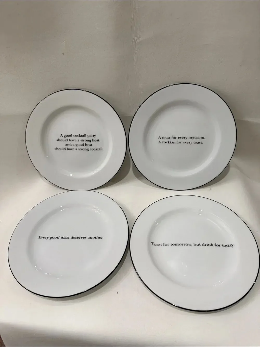 Pottery Barn White Porcelain Salad Dessert Saucers Plates Black Rim Toast Quotes